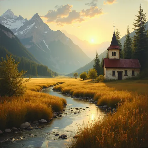 Prompt: Bathed in golden hues, the scene captures a serene valley where a tranquil river meanders through tall grasses that sway gently in the breeze. Majestic mountains rise in the distance, their peaks kissed by soft snow, contrasting beautifully with the warm glow of the setting sun, which casts a radiant light across the landscape. A small, weathered church stands quietly nestled among the trees on the right, its steeple reaching toward the sky, inviting contemplation in this peaceful haven. The overall composition evokes a sense of calm and solitude, as the harmonious blend of nature and architecture invites viewers to reflect on the simplicity and beauty of life’s moments. The rich color palette and soft lighting enhance the painting's atmospheric quality, immersing the observer in a warm, nostalgic embrace.