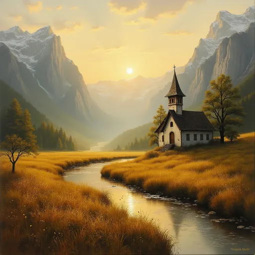 Prompt: Bathed in golden hues, the scene captures a serene valley where a tranquil river meanders through tall grasses that sway gently in the breeze. Majestic mountains rise in the distance, their peaks kissed by soft snow, contrasting beautifully with the warm glow of the setting sun, which casts a radiant light across the landscape. A small, weathered church stands quietly nestled among the trees on the right, its steeple reaching toward the sky, inviting contemplation in this peaceful haven. The overall composition evokes a sense of calm and solitude, as the harmonious blend of nature and architecture invites viewers to reflect on the simplicity and beauty of life’s moments. The rich color palette and soft lighting enhance the painting's atmospheric quality, immersing the observer in a warm, nostalgic embrace.