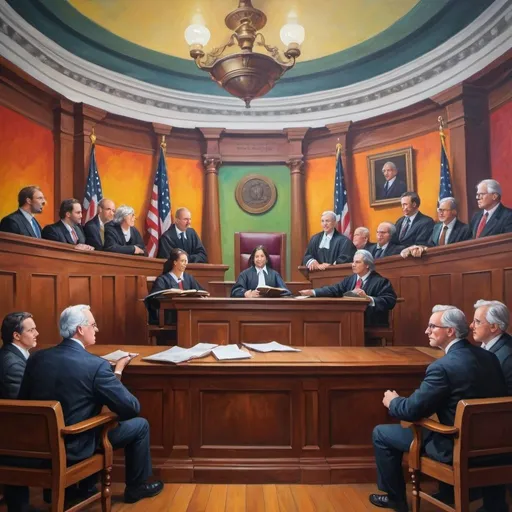 Prompt: Create a beautiful colourful classic courtroom scene painting with lawyers passionate advocating.