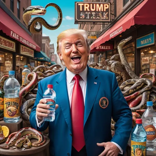 Prompt: (luxury ads style), (satirical portrait) of a snake oil salesman, features and expressions exaggerated, bustling marketplace backdrop, elements include (fake leather sneakers), (rotten steak), (extra long neckties), quirky bottles of (water with worms), showcasing (fake Trump University) materials, all in (vibrant colors), with a (cheerful yet ironic) ambiance, emphasizing commercialism, high detail, (ultra-detailed), dream-like quality.