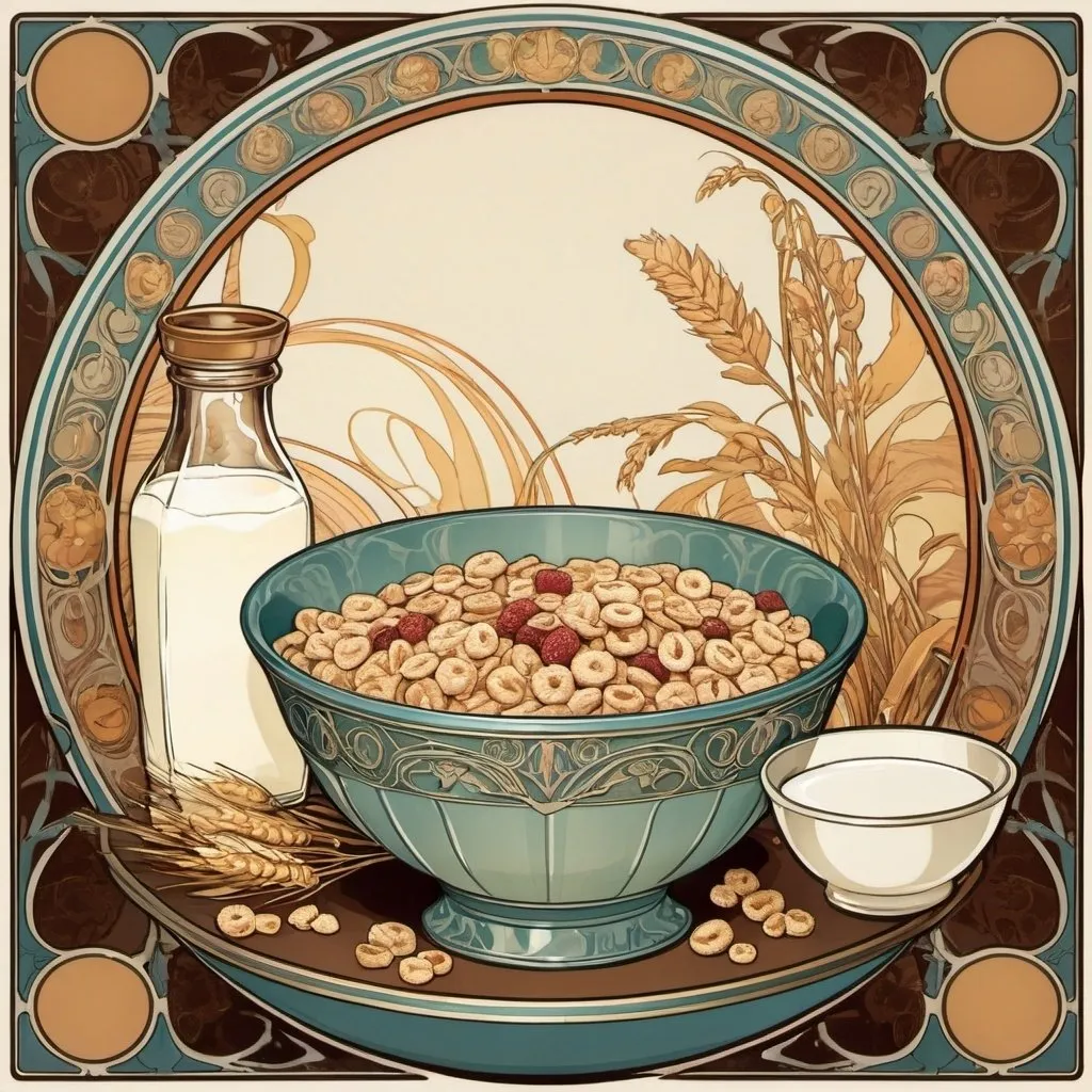 Prompt: Alphonse Mucha Style, art nouveau illustration of a bowl of cereal and milk carton, no people 