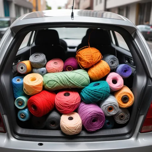 Prompt: a car fulled with yarn inside of it