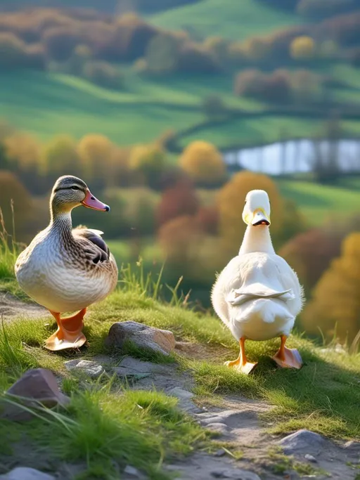 Prompt: <mymodel> Two ducks standing on the grass near a body of water, hill in the background, grassy area in the foreground, (Beatrix Potter) style, (ecological art), animal photography, a flemish Baroque feel, photorealistic, vibrant, rich color tones, harmonious and serene atmosphere, intricate details, ultra-detailed, high resolution, 4K, clear sky, gentle natural lighting, rustic landscape with wildflowers, calm and picturesque setting текст