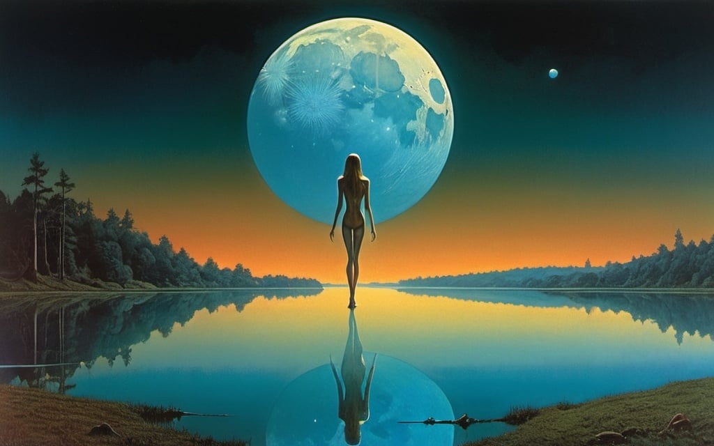 Prompt: 70s psychedelic collage, woman with long legs floating over a still lake, reflecting moon light, ethereal, alien beauty, Michael Whelan, Beksinski, 