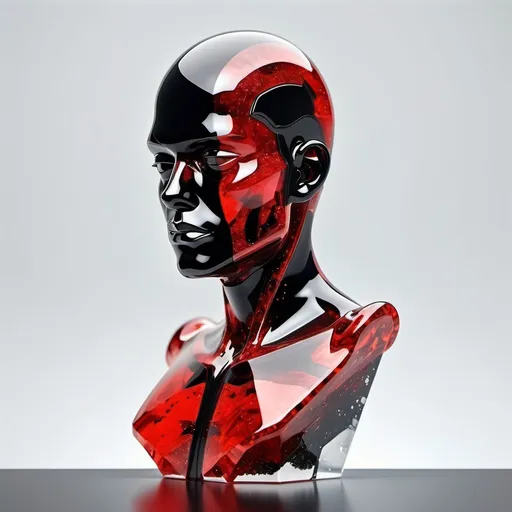 Prompt: Android bust made of mineral and glass, covered in transparent liquid of red and black colour, with of white, realistic 3D effect, minimalist and futuristic. Half body. arms folded on chest.
