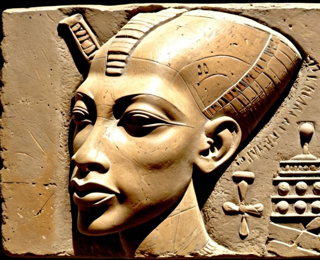 Prompt: a khush pharoah with sotho tswana features similar to akhenaten and his father and grandfather with MODIRI written on his inscription 