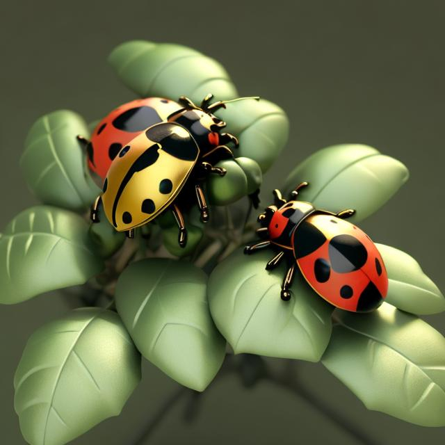 Prompt: Golden ladybird family sitting on a big green leaves 3d render cute soft colours Victorian kitchen setting 