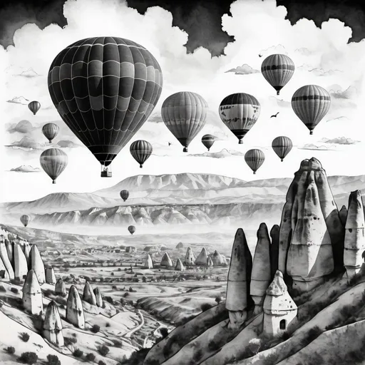 Prompt: Hot air balloons in Cappadocia with black and white sketchbook style ink pen textures paper distance clouds mountains etc