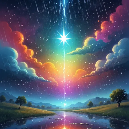 Prompt: Star with rain, cosmic, surreal, high quality, digital painting, vibrant colors, dynamic lighting, glowing stars, flowing raindrops, cosmic atmosphere, surreal landscape, detailed celestial bodies