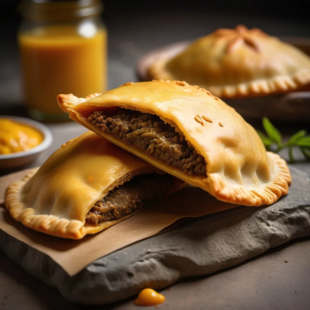 Prompt: A golden yellow Jamaican beef patty, beautifully textured on a rustic stone slab, softly illuminated against a blurred pastel backdrop. The warm colors highlight the empanada’s flaky crust, creating a tender and inviting atmosphere. The scene feels cozy and appetizing, evoking a sense of comfort food delight. Ultra-detailed, high-quality image.