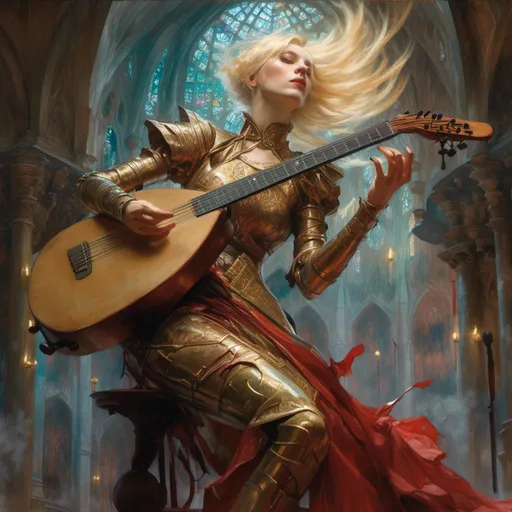Prompt: <mymodel> artwork depicting a woman bard with opal eyes and blonde hair in a bob, playing on a lute, wearing light leather armour,a stunning Donato Giancola masterpiece in artstyle by Anders Zorn and Joseph Christian Leyendecker, art deco style,  dramatic lighting with detailed shadows and highlights, volumetric drawing,colorful vibrant painting in HDR with shiny shimmering reflection