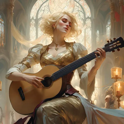 Prompt: A fantasy woman bard with opal eyes and blonde hair in a bob, playing on a lute, wearing light cleric clothing <mymodel> artstyle by Anders Zorn and Joseph Christian Leyendecker