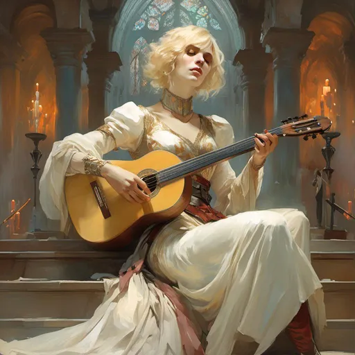 Prompt: A fantasy woman bard with opal eyes and blonde hair in a bob, playing on a lute, wearing light cleric clothing <mymodel> artstyle by Anders Zorn and Joseph Christian Leyendecker