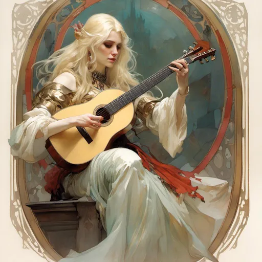Prompt: A fantasy woman bard with opal eyes and long blonde hair in a bob, playing on a lute, wearing light cleric clothing <mymodel> artstyle by Anders Zorn and Joseph Christian Leyendecker