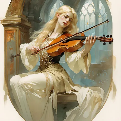 Prompt: A fantasy woman bard with opal eyes and long blonde hair in a bob, playing on a lute, wearing light cleric clothing <mymodel> artstyle by Anders Zorn and Joseph Christian Leyendecker