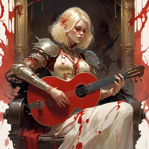 Prompt: Bloody woman bard with opal eyes and blonde hair in a bob, playing on a lute, wearing light leather armour in <mymodel> artstyle by Anders Zorn and Joseph Christian Leyendecker<mymodel>Fantasy Characters 