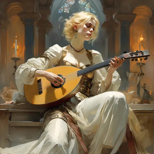 Prompt: A woman bard with opal eyes and blonde hair in a bob, playing on a lute, wearing light leather armour in <mymodel> artstyle by Anders Zorn and Joseph Christian Leyendecker