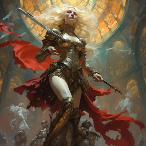 Prompt: <mymodel>Frank Frazetta's artwork depicting a woman bard with opal eyes and blonde hair in a bob, playing on a lute, wearing light leather armour,a stunning Donato Giancola masterpiece in artstyle by Anders Zorn and Joseph Christian Leyendecker, art deco style,  dramatic lighting with detailed shadows and highlights, volumetric drawing,colorful vibrant painting in HDR with shiny shimmering reflection
