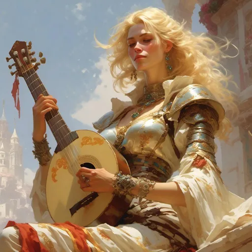 Prompt: A woman bard with opal eyes and blonde hair in a bob, playing on a lute, wearing light leather armour in <mymodel> artstyle by Anders Zorn and Joseph Christian Leyendecker<mymodel>Fantasy Characters 