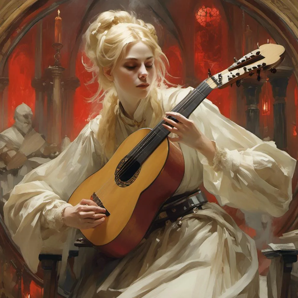 Prompt: A woman cleric with opal eyes and blonde hair in a bun, playing on a lute <mymodel> artstyle by Anders Zorn and Joseph Christian Leyendecker