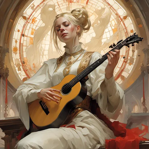 Prompt: A woman cleric with opal eyes and blonde hair in a bun, playing on a lute <mymodel> artstyle by Anders Zorn and Joseph Christian Leyendecker