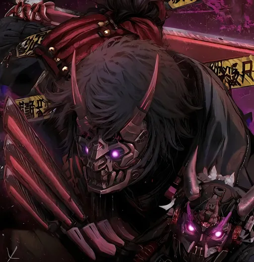 Prompt: Cyberpunk Oni Mask Mech Samurai Ninja Kamen rider