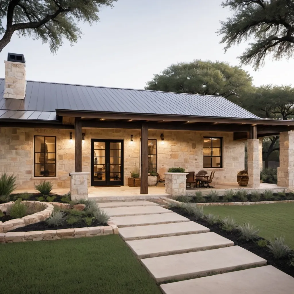 Prompt: create an exterior of a home that looks like Texas hill country modern. Make it a single story.