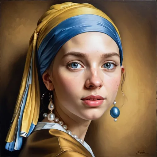 Prompt: Girl with a Pearl Earring painting, oil painting, detailed earring and facial features, realistic, high quality, classic portrait, warm tones, soft lighting