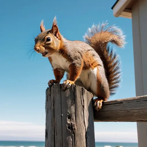 Prompt: Squirrel climbing a wooden post that supports a second story deck at a beach house to find almonds