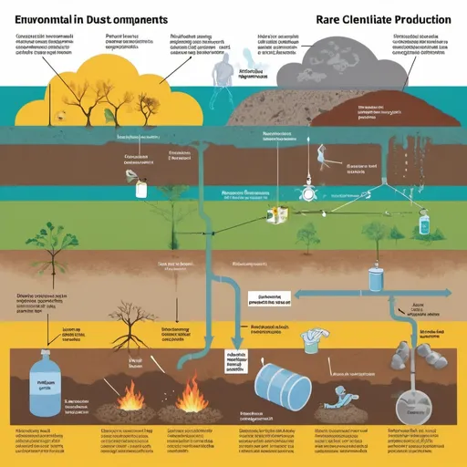 Prompt: A diagram illustrating the environmental and health hazards of rare earth element production, divided into two sections. The first section shows toxic waste generation, including radioactive materials in barrels with radioactive symbols, heavy metals in drums labeled with chemical symbols like Pb, Cd, and Hg, and other pollutants as clouds or haze. The second section depicts three exposure pathways: inhalation with human figures breathing in dust and particulate matter, chemical exposure with humans handling chemicals or exposed to spills, and environmental contamination showing contaminated soil, water, and air with arrows pointing from the waste to the environment. Include plants, aquatic life, and wildlife. Use red for radioactive materials, yellow for heavy metals, and green for other pollutants. Label the human figures, environmental compartments, and exposure pathways clearly. The diagram should have a clean, professional look suitable for a scientific report.