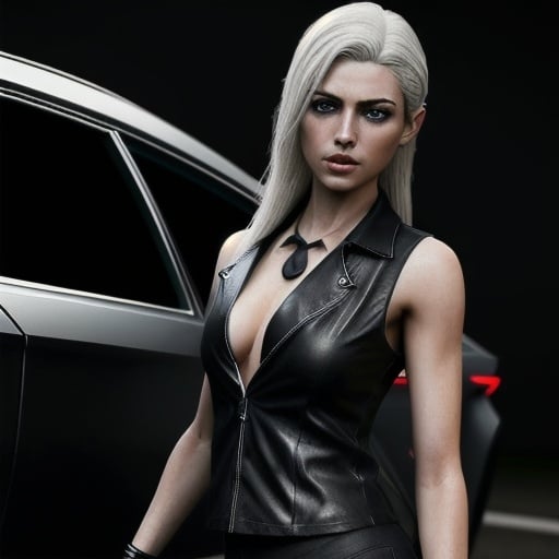 Prompt: full length, white, blonde, wear a leather jacket over a thin one, sheer plunging tank. She wears matte black leather pants.. The woman has a beautiful, toned, body. Night Road, track, lighting. The lighting is perfect, extreme realism, cinematic image. night elf girl, white hair, long hair, sleeveless dress, lips, standing, black suit, ringed eyes, gold eyes, collared shirt, black necktie, black pants, Best quality, Photorealistic, detail, very detailed, detailed skin texture, in a black violet sport style suit, (Best quality,4K,Ultra detailed, realistic), Cute face, Blue eyes, detailed eyes, Science fiction, background have black car, car is Lamborghini Aventador. the image is realistic, very detailed. very high resolution, 8K rendering, (absurdity, A high resolution, ultra detailed), masterpiece, (resident Evil)