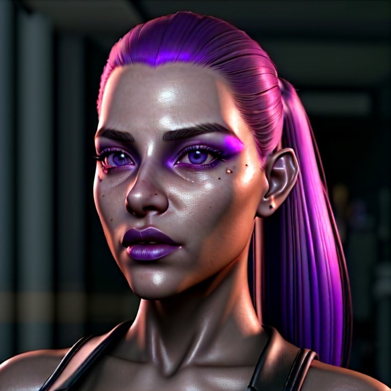 Prompt: 20 year, ponytail hair, dark elf girl, purtple hair, long hair, lips, photorealism, pants, leather, beautiful realistic eyes, beautiful look, volumetric lighting, character design, dark aura lights, cinematic, twilight, closed lips, Avatar shoot, detail, very detailed, Cute face, detailed eyes, The woman has a beautiful, toned, body, candy lips, The lighting is perfect, extreme realism, cinematic image, full body, correct legs