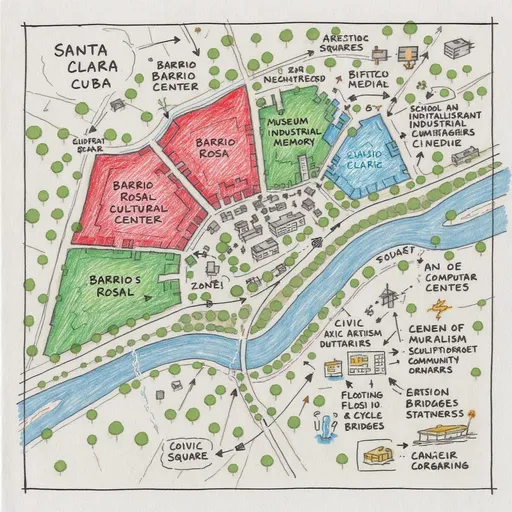 Prompt: Genera un croquis 2D en vista aérea estilo boceto hecho a mano, basado en el mapa del sitio del sur de Santa Clara, Cuba, que muestre cuatro barrios con zonas de color suave y delimitaciones sueltas: barrio rojo, barrio rosa, barrio verde claro y barrio azul claro. Señala las fábricas antiguas en verde oscuro y repíntalas en hitos culturales, indicando con flechas y etiquetas: Centro Cultural cerca de la zona rosa, Museo de la Memoria Industrial en el centro, Escuela de Muralismo cerca de la zona verde y Centro de Medios Digitales en la zona azul. En el área vacante central, dibuja una plaza cívica con instalaciones artísticas, cine al aire libre y huertos comunitarios, marcados con flechas y etiquetas. Representa el río como un eje ecológico y artístico con senderos peatonales curvos, esculturas flotantes y puentes artísticos, señalados con flechas y símbolos. Añade caminos peatonales y ciclovías con líneas curvas que conecten todas las zonas y elementos, señalando las conexiones con flechas. Destaca los espacios públicos con símbolos claros para murales, plazas de esculturas y arte comunitario. Usa un fondo beige que simule papel de boceto y texturas tipo lápiz, evitando edificios rígidos y formas geométricas perfectas. El croquis debe mostrar claramente las zonas y conexiones mediante flechas, etiquetas y zonificaciones suaves, transmitiendo un plan maestro conceptual.