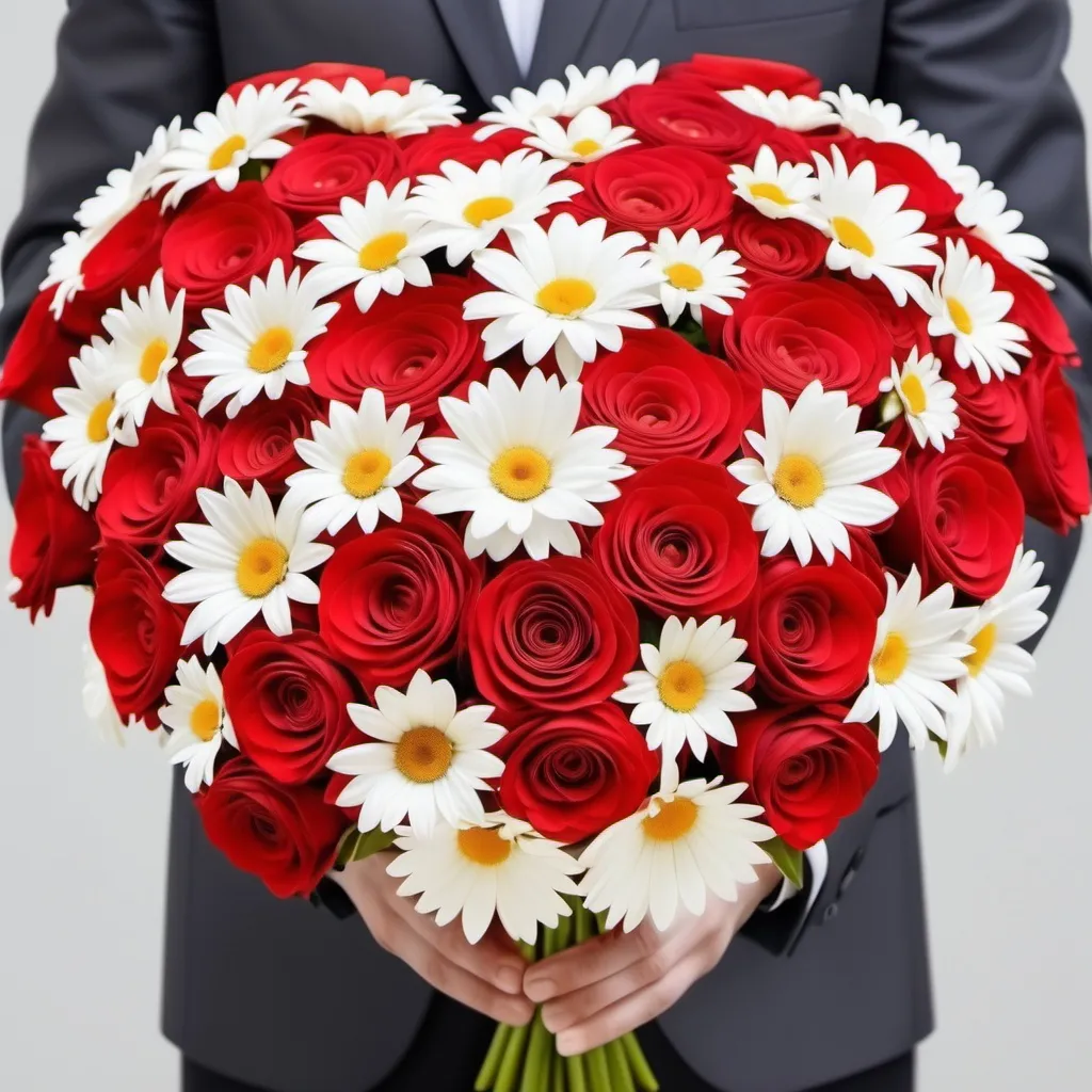 Prompt: je veux une photo d'un grand bouquet de fleurs rouge avec un cœur au milieu construit avec des fleurs blanches 