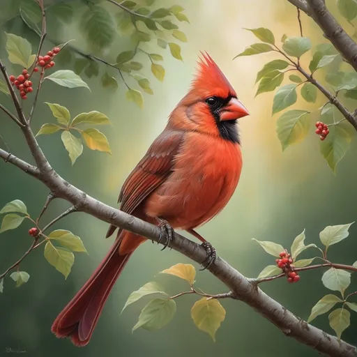 Prompt: (realism), cardinal perched on a tree branch, deep forest backdrop, soft pastel color scheme, gentle sunlight filtering through the leaves, serene and tranquil atmosphere, high detail, vibrant flora surrounding the cardinal, warm hues and soothing tones, ultra-detailed, nature's beauty captured in a peaceful moment.