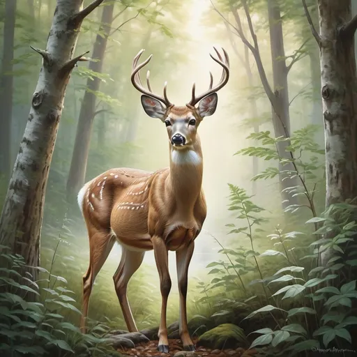 Prompt: (realism style), captivating white-tailed deer, set in a serene woodland environment, soft pastel color scheme, gentle and tranquil ambiance, lush greenery blending harmoniously, delicate lighting creating a serene glow, ultra-detailed, focus on natural beauty and grace of the deer, ideal for peaceful nature themes.