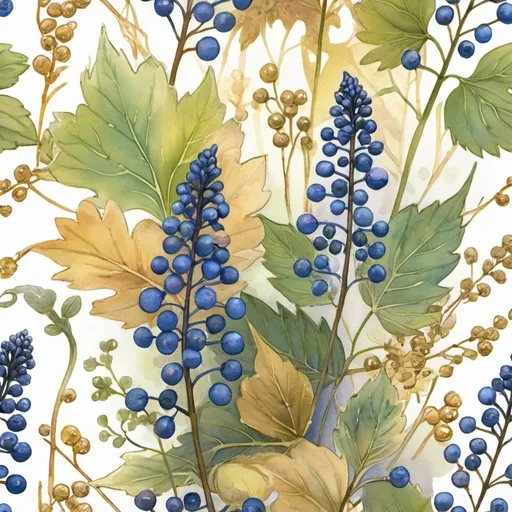 Prompt: (blue cohosh), vibrant and magical color palette, botanical illustration, close-up details, intricate leaves and berries, warm golden lighting, soft and ethereal atmosphere, detailed textures, high-fidelity botanical elements, serene and tranquil ambiance, natural habitat background, watercolor style, professional illustration, ultra-high definition, award-winning quality, vibrant blues, greens, and golds, nature-inspired theme, artistic masterpiece, HD