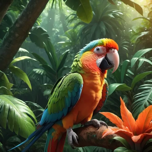 Prompt: (parrot and a bunny), vibrant colors, high-contrast lighting, playful atmosphere, lush tropical jungle background, photorealistic, dynamic composition, detailed feathers on the parrot, soft fur on the bunny, natural poses, 4k quality, ultra-detailed, rich textures, warm sunlight filtering through the foliage, animals interacting, realistic shadows and highlights, animated expressions, crisp and clear detailing.