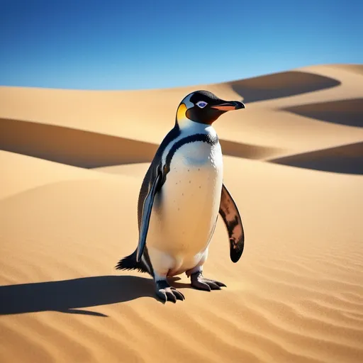 Prompt: (penguin in the desert), vibrant colors, golden sands, intense blue sky, dramatic shadows, surreal feeling, crisp air, sunlight casting, unusual juxtaposition, ultra-detailed, 4K, highly textured, whimsical atmosphere, soft reflections, glistening details, subtle gradients, wide open landscape, breathtaking depth, sense of isolation, sharp contrasts, unique setting, photorealistic