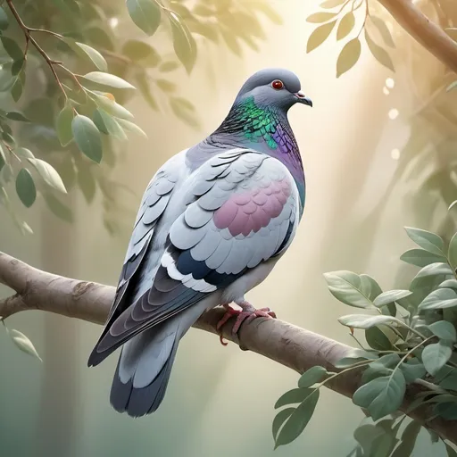 Prompt: (realism style), pigeon perched on a tree branch, soft pastel color scheme, delicate and subtle hues, detailed feather textures, gentle sunlight filtering through leaves, serene and peaceful ambiance, high definition, ultra-detailed imagery, nature-focused composition, inviting and calming environment.