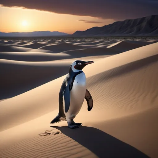 Prompt: (penguin in the desert), (realism style), dark color scheme, arid dunes under a twilight sky, dramatic shadows enhancing depth, subtle contrasts of the penguin's plumage against the sand, lonely ambiance, an elusive wonder in an unexpected landscape, ultra-detailed, mesmerizing with mystique and intrigue, captivating visual storytelling.