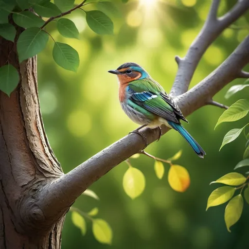 Prompt: photorealistic, (small bird) perched elegantly on a green tree branch, (vibrant colors) highlighting the bird's feathers and surrounding leaves, dappled sunlight filtering through, ultra-detailed texture on the bark, soft depth of field background creating a serene atmosphere, showcasing nature's beauty in rich hues, enhancing visual impact and allure, high quality, crisp edges.