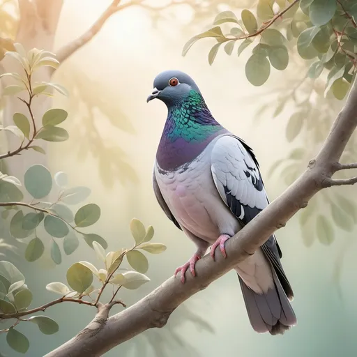 Prompt: (realism style), pigeon perched on a tree branch, soft pastel color scheme, delicate and subtle hues, detailed feather textures, gentle sunlight filtering through leaves, serene and peaceful ambiance, high definition, ultra-detailed imagery, nature-focused composition, inviting and calming environment.