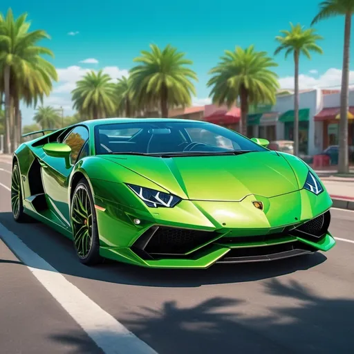 Prompt: (realism style), fantasy green Lamborghini, sleek and modern design, vibrant green body reflecting sunlight, dynamic and energetic ambiance, detailed car features including shiny rims and intricate interior, beautifully contrasted against a vivid blue sky, ultra-detailed, high-quality, energetic and adventurous scene