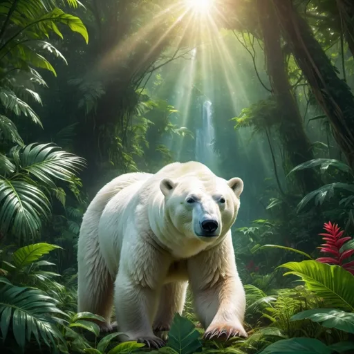 Prompt: (polar bear in the jungle), lush greenery, exotic plants, vivid flowers, dynamic contrast of white fur against vibrant jungle foliage, surreal, enchanting atmosphere, bright sunlight filtering through dense canopy, peaceful, balanced composition, photorealistic, ultra-detailed, high quality 4K, rich color palette, intricate details, high definition, cinematic, magical and immersive setting