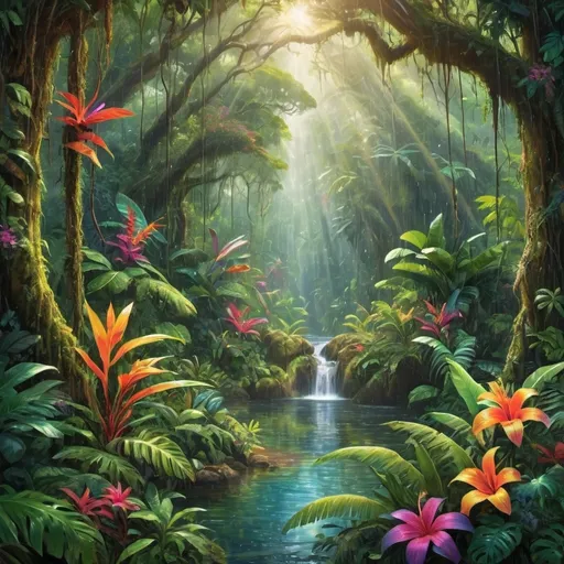 Prompt: (vibrant rain forest), (every single color), lush green foliage, exuberant tropical flowers, radiant rainbow hues, interconnected vines, sunlight streaming through the canopy, a teeming array of wildlife, high detail and depth, ultra-detailed textures, cool tones and warm pops of color, serene atmosphere, immersive natural beauty, vivid contrast of light and shadow, enchanting landscape, 4K quality.