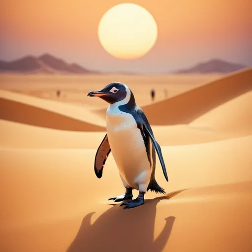 Prompt: (penguin in the desert), (anime style), warm color palette, vibrant atmosphere, detailed textures, contrasting environments, soft lighting, whimsical and playful mood, sandy dunes in the background, surreal blend of warmth and coolness, high-quality HD, captivating and imaginative composition.