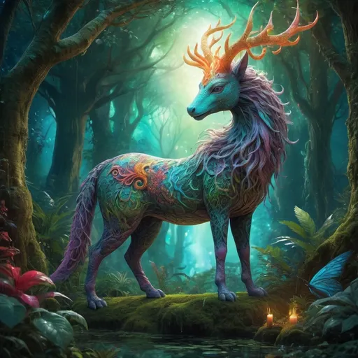 Prompt: (kahamala herris) (mythical creature), vibrant colors, intricate patterns, ethereal glow, lush forest background, mystical ambiance, magical atmosphere, enchanting details, surreal elements, high-resolution, ultra-detailed, ambiance of wonder and mystery, fantasy-themed environment, soft, diffused lighting creating an otherworldly feel.