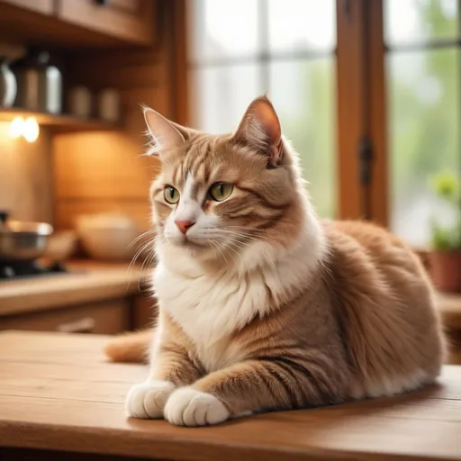 Prompt: (cat on a table), cozy atmosphere, relaxed mood, warm lighting, natural light filtering through a window, wooden table texture, charming kitchen setting, lovely household details, soft focus background, inviting ambiance, soft fur texture on cat, high-quality 4K image, ultra-detailed.