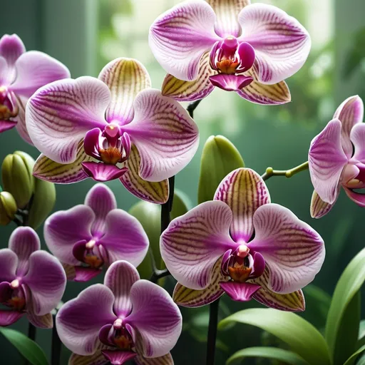 Prompt: (orchid), vibrant colors, ultra-detailed, photorealistic, soft natural lighting, vivid magentas, lush greens, delicate petals, botanical illustration, tranquil atmosphere, intricate details, high-definition, blurred background with green foliage, dreamy and serene mood, high-quality image, cinematic masterpiece.